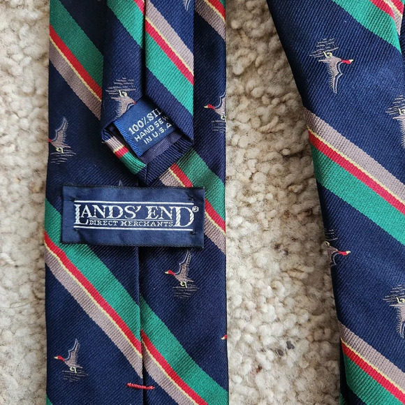 Vintage Lands' End Mallard Duck Green and Blue Striped Tie - Picture 4 of 4